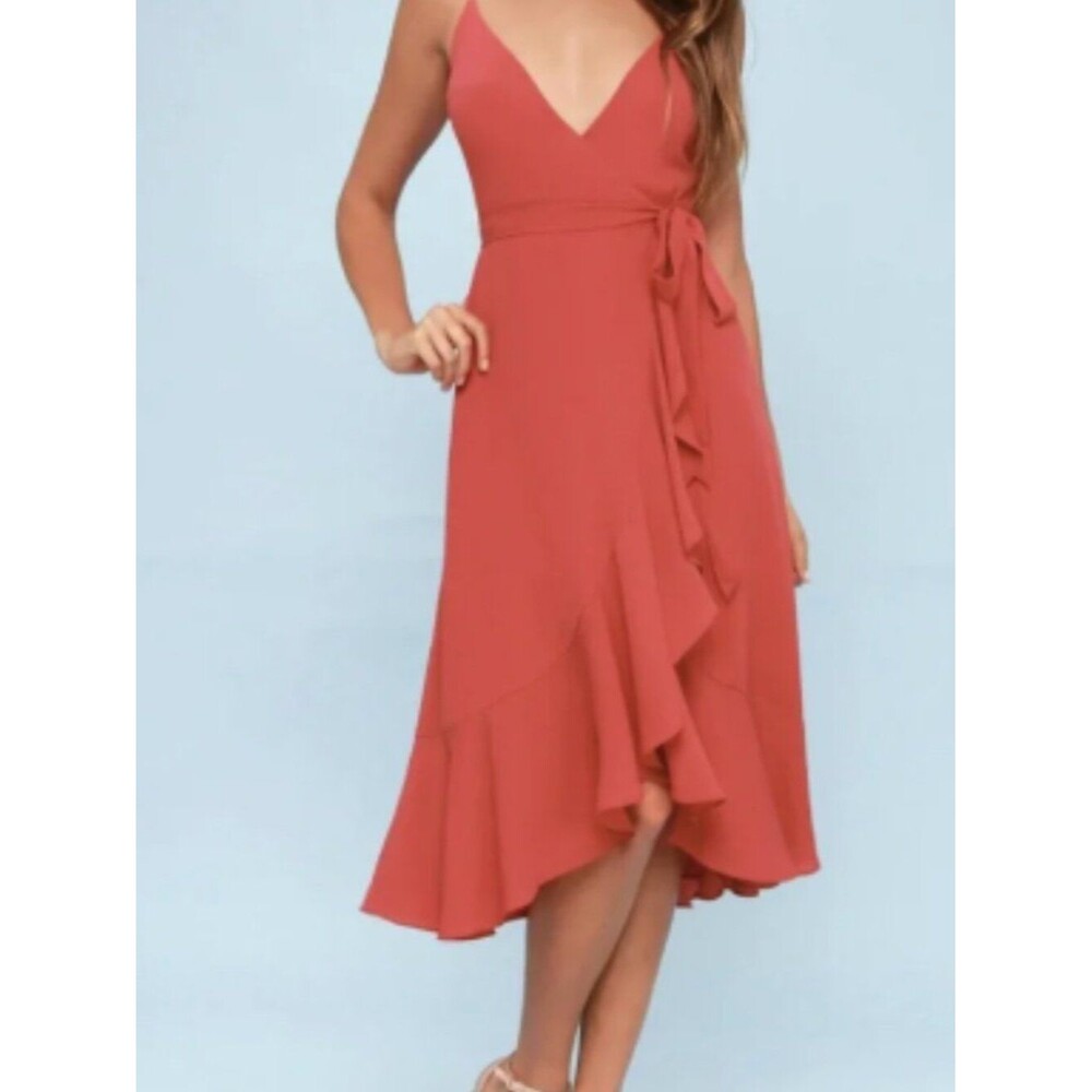 Like New Lulus Manhattan Moment Berry Pink Ruffled Midi Wrap Dress Size L